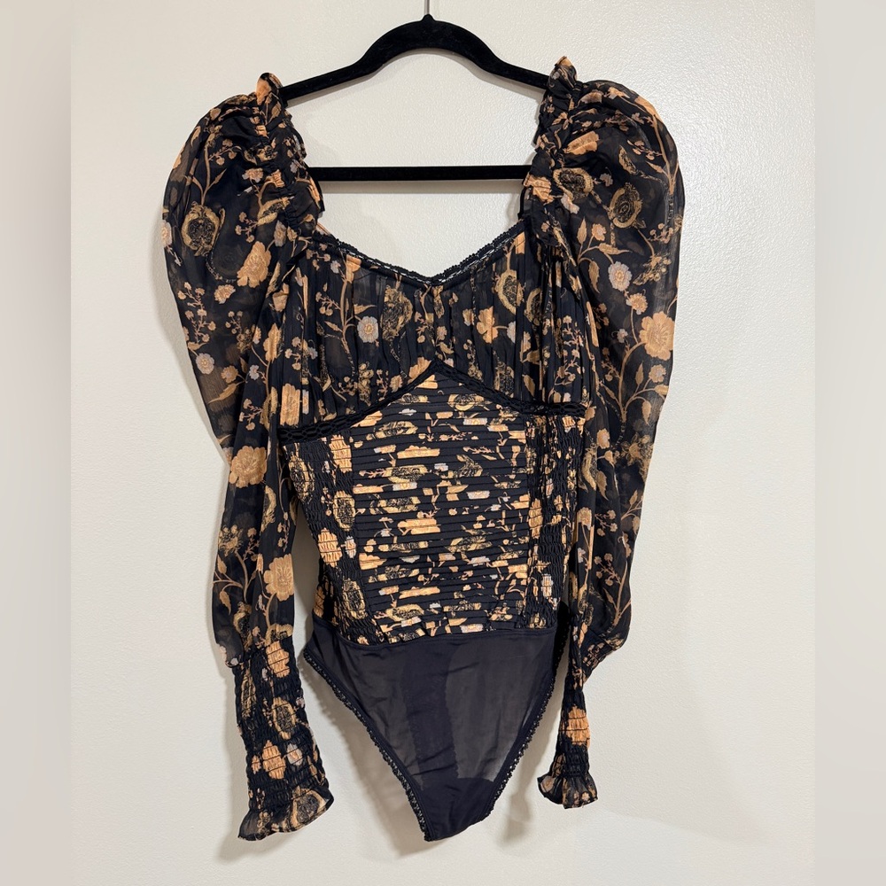 Free People Brunch Date Bodysuit XS Black Floral Sheer Dark Fairy Coquette Boho